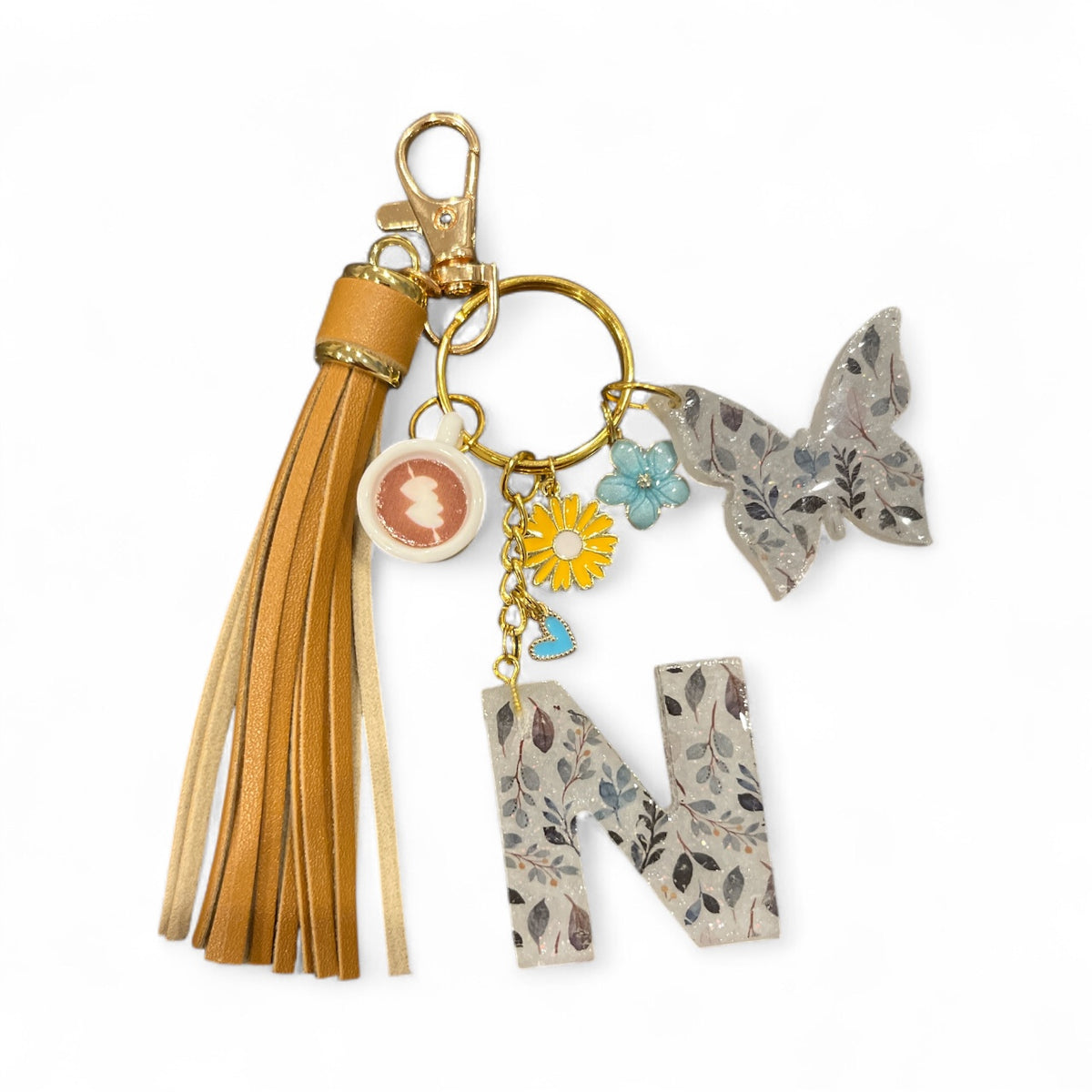 Earthy Floral Initial N Resin Bag Charm & Keychain