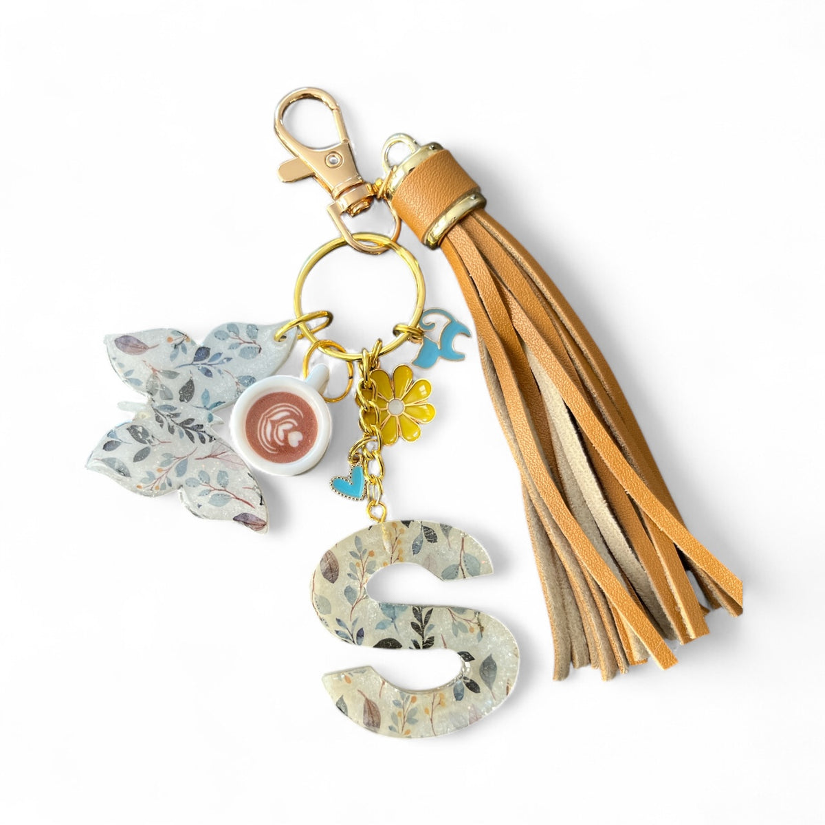 Earthy Floral Initial S Resin Bag Charm & Keychain