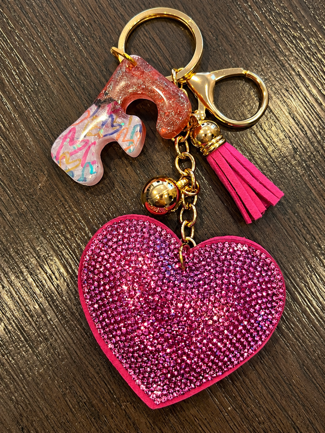 Pink Rhinestone Heart Initial Bag Charm & Keychain ππ