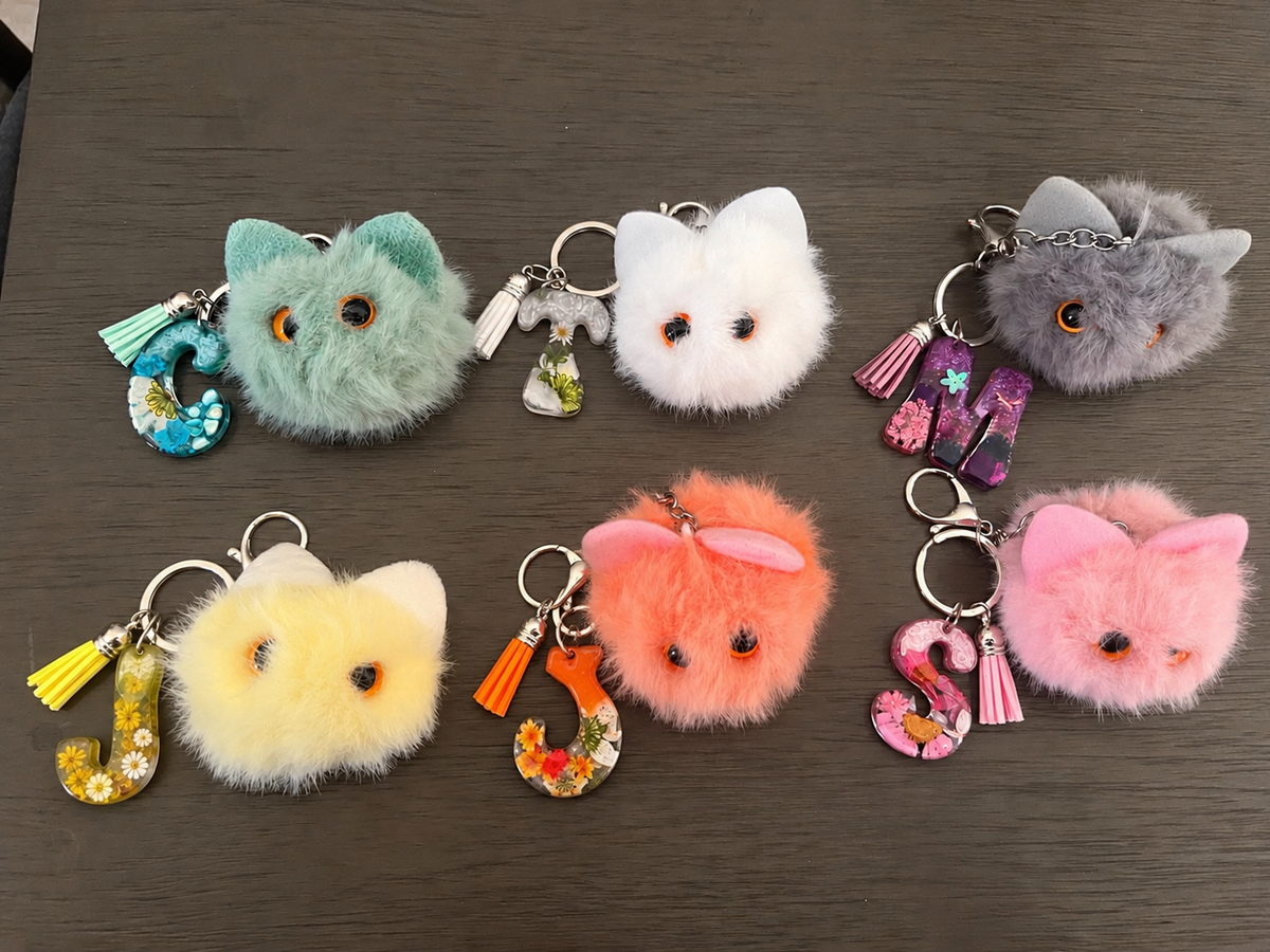 🐱 Fluffy Kitty Initial Bag Charm & Keychain