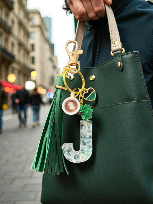 Green Floral 1 Initial J Resin Bag Charm & Keychain