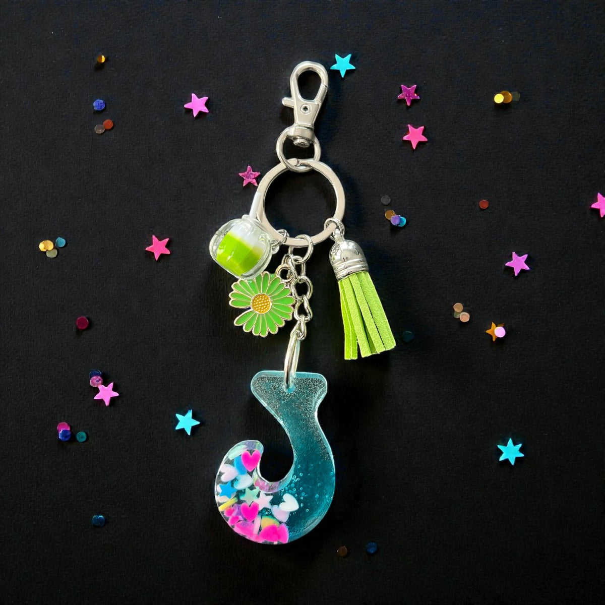Hearts & Stars Initial J Resin Bag Charm & Keychain