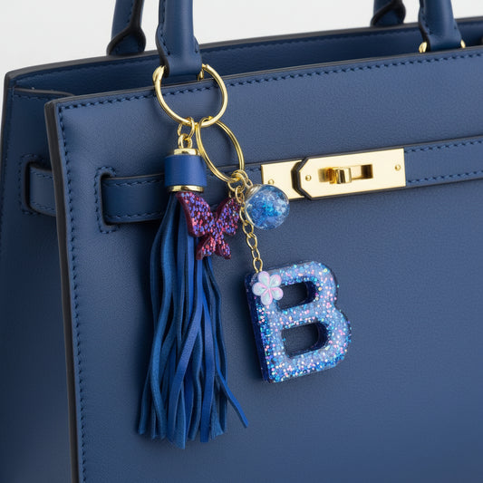 Blue Dazzle Initial B Resin Bag Charm & Keychain
