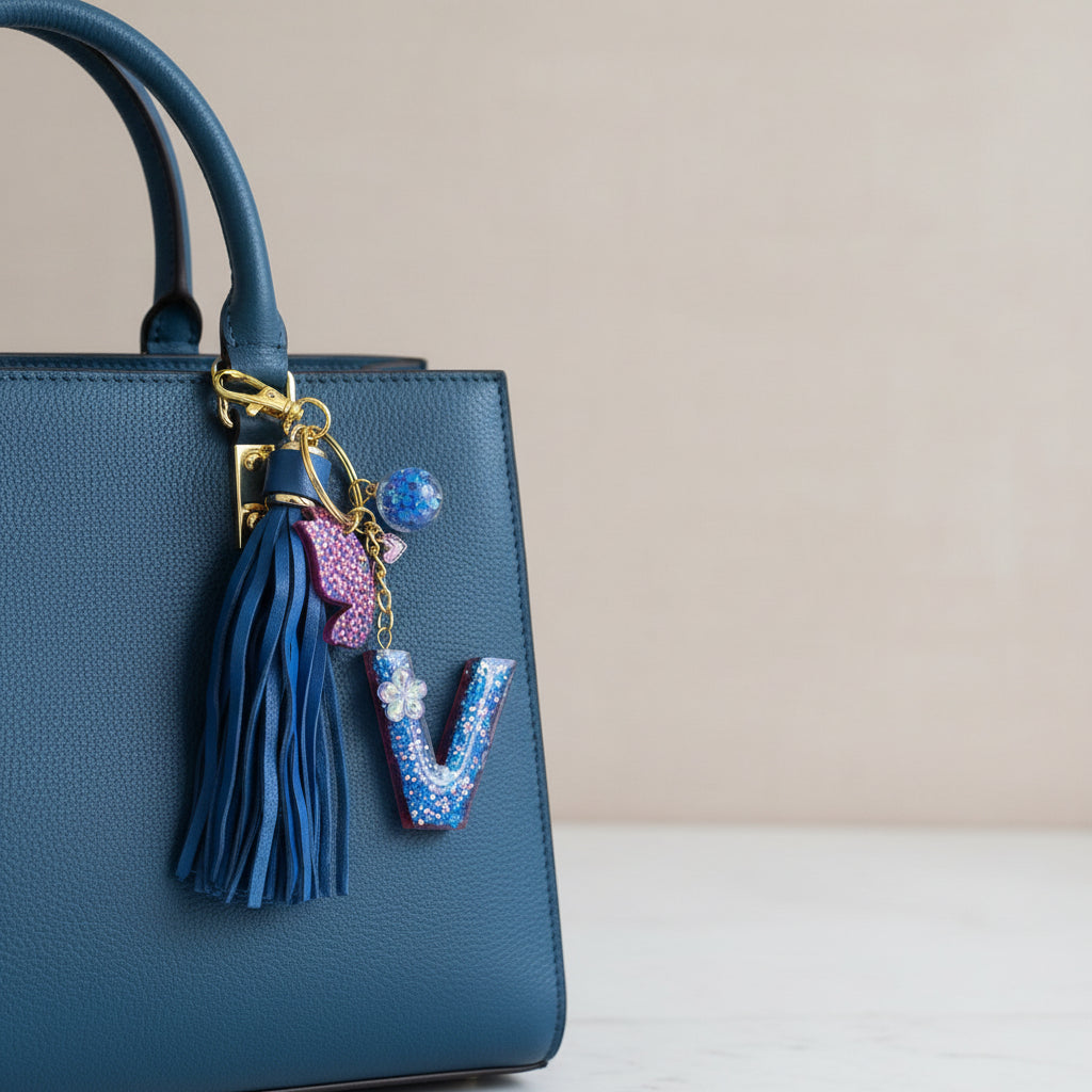 Blue Dazzle Initial V Resin Bag Charm & Keychain