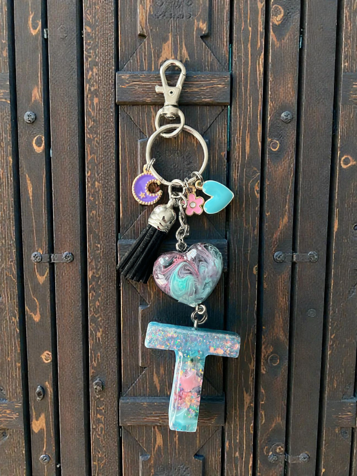Aqua Purple Swirl Initial T Resin Bag Charm & Keychain
