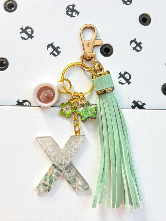 Green Floral Initial X Resin Bag Charm & Keychain
