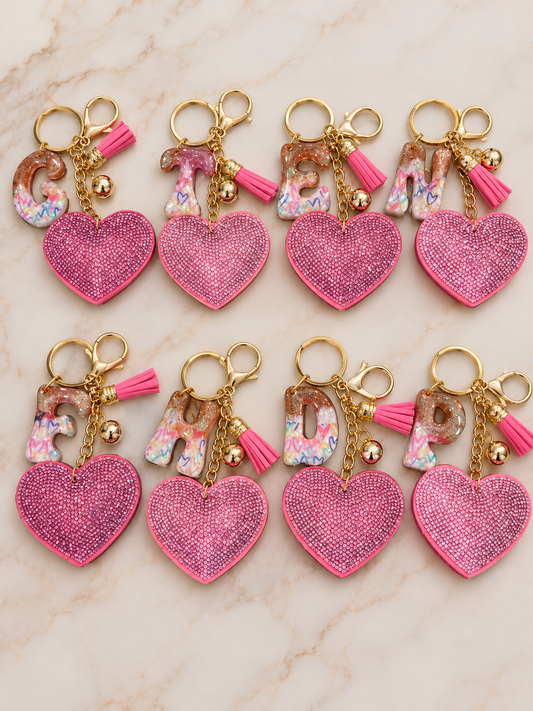Pink Rhinestone Heart Initial Bag Charm & Keychain 💎💖