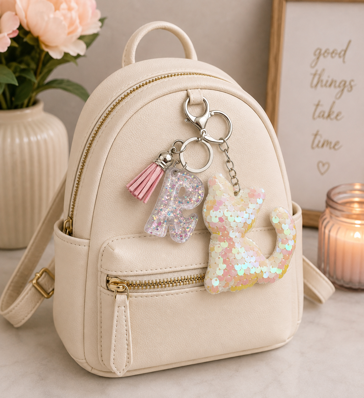 Personalized Sparkly Kitty Keychain – Choose Your Color & Initial