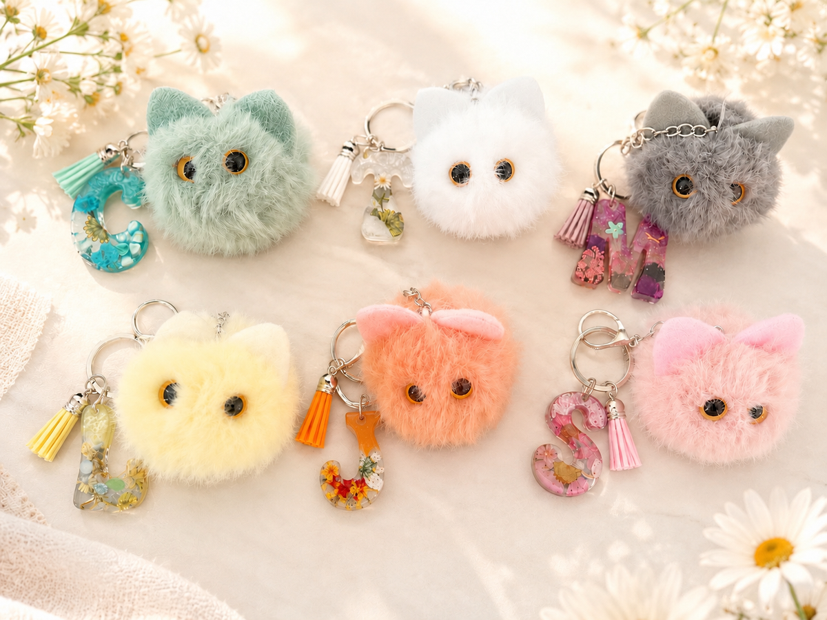 🐱 Fluffy Kitty Initial Bag Charm & Keychain