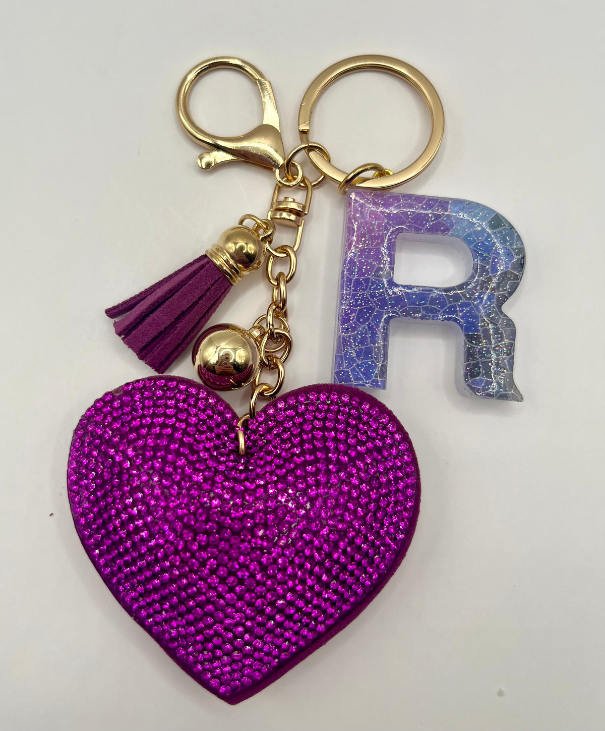 Purple Rhinestone Heart Initial Bag Charm & Keychain 💎💖