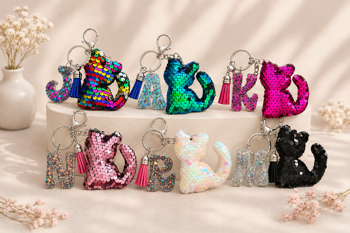 Personalized Sparkly Kitty Keychain – Choose Your Color & Initial
