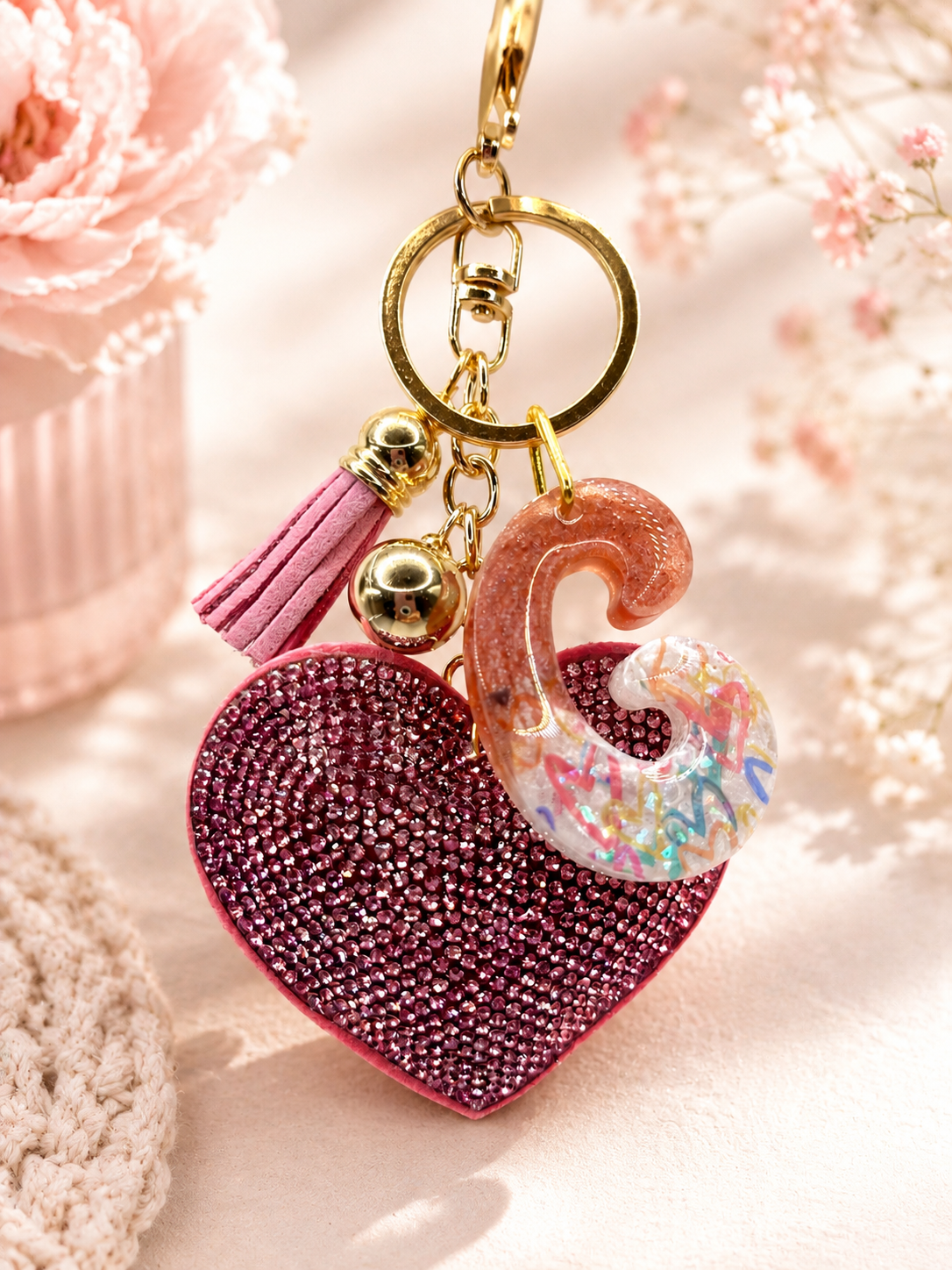 Pink Rhinestone Heart Initial Bag Charm & Keychain 💎💖