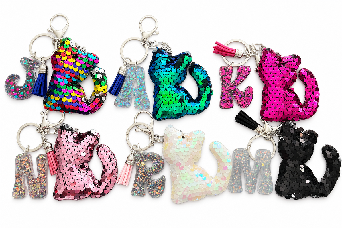 Personalized Sparkly Kitty Keychain – Choose Your Color & Initial