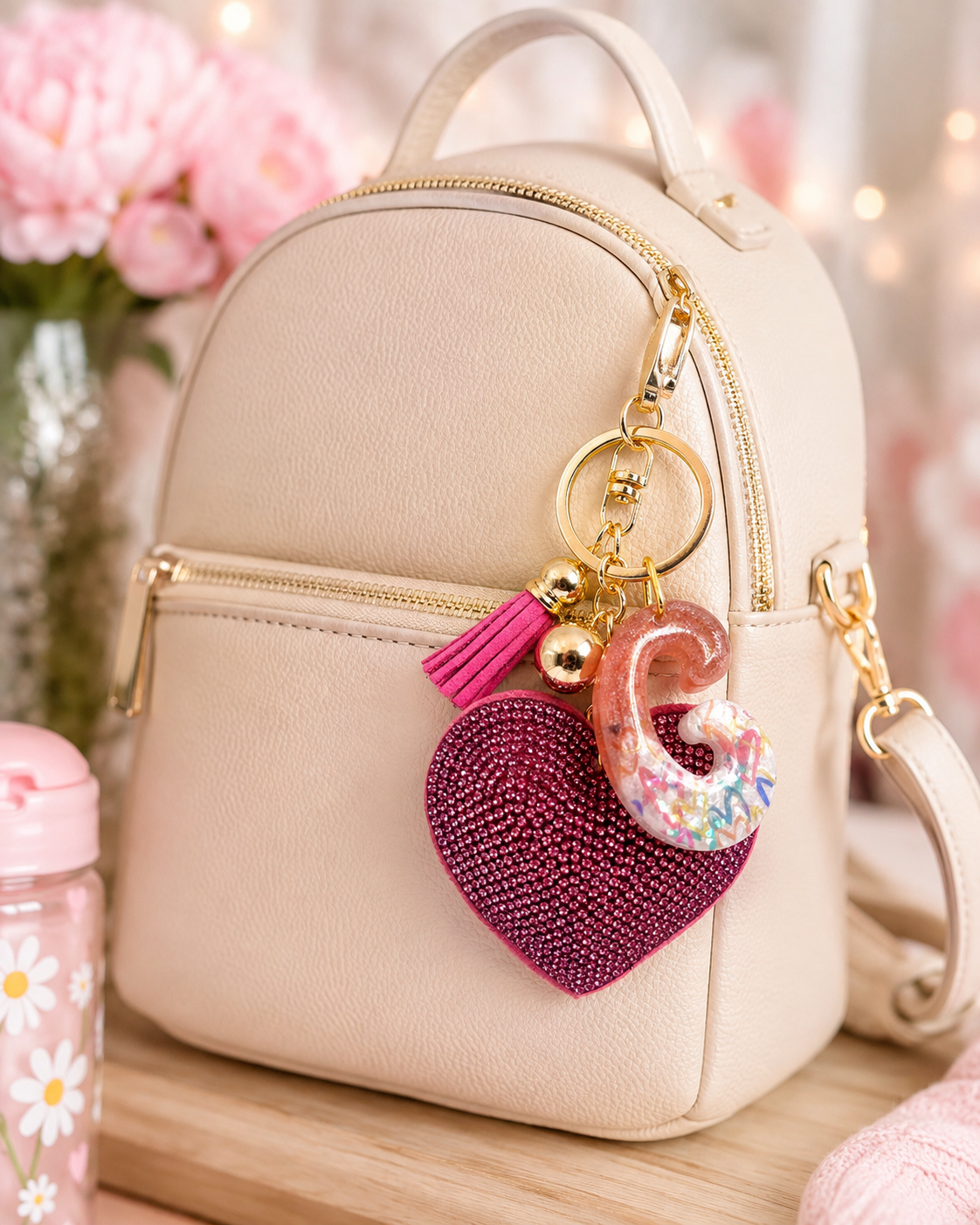Pink Rhinestone Heart Initial Bag Charm & Keychain 💎💖
