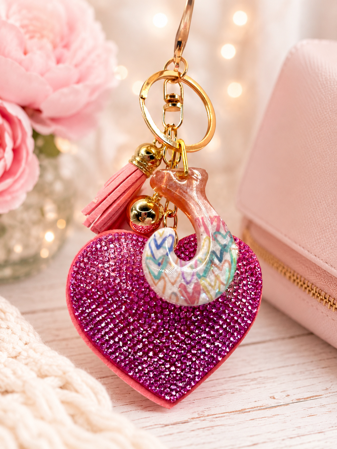 Pink Rhinestone Heart Initial Bag Charm & Keychain 💎💖