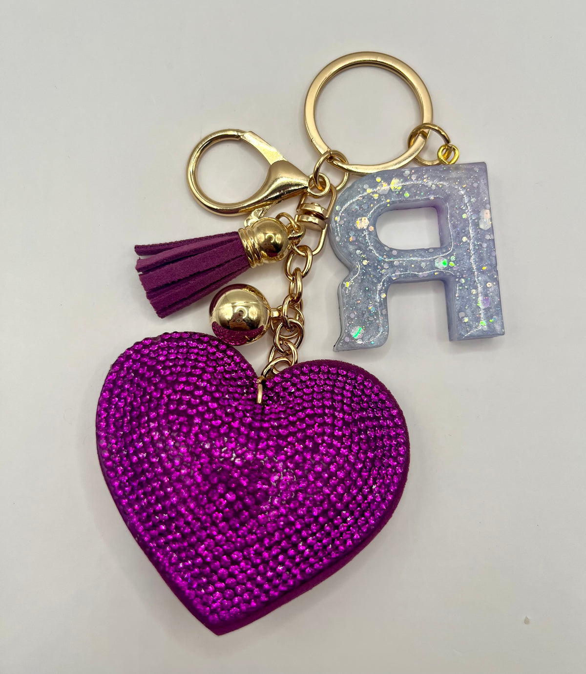 Purple Rhinestone Heart Initial Bag Charm & Keychain 💎💖