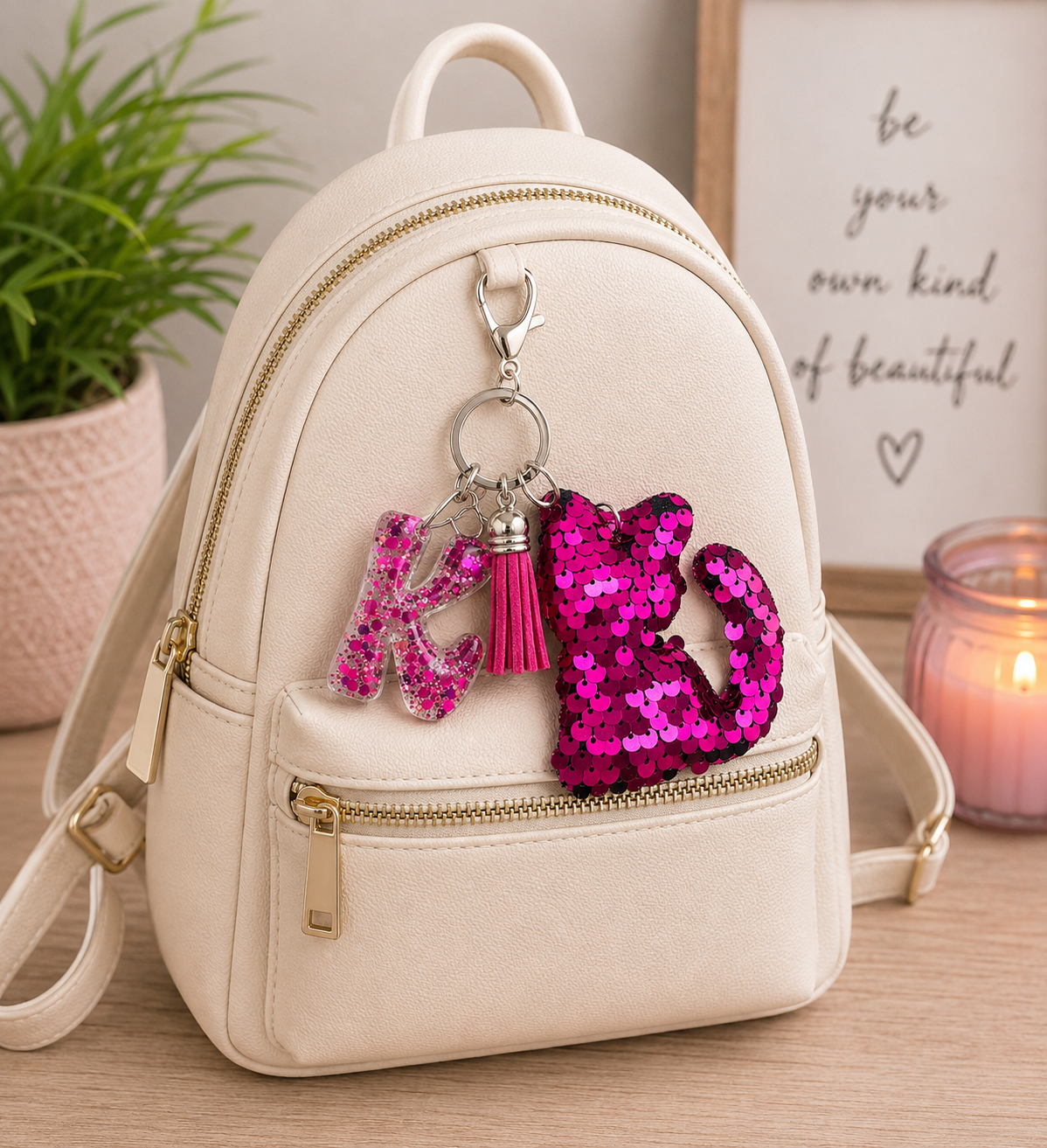 Personalized Sparkly Kitty Keychain – Choose Your Color & Initial