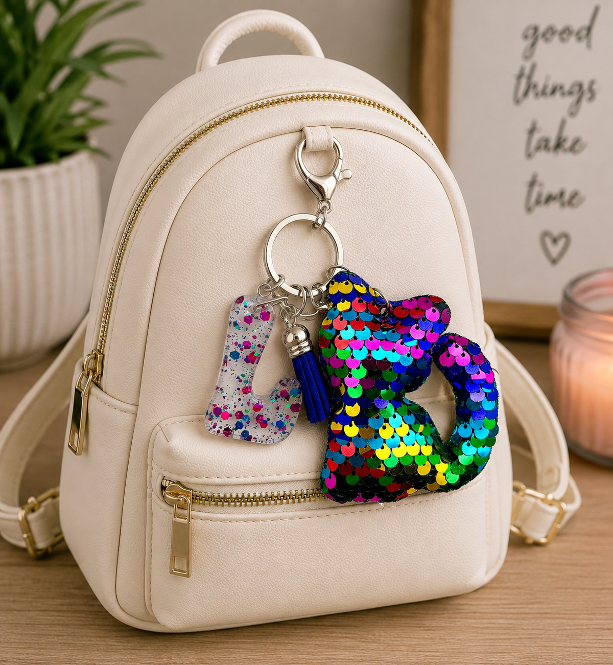 Personalized Sparkly Kitty Keychain – Choose Your Color & Initial