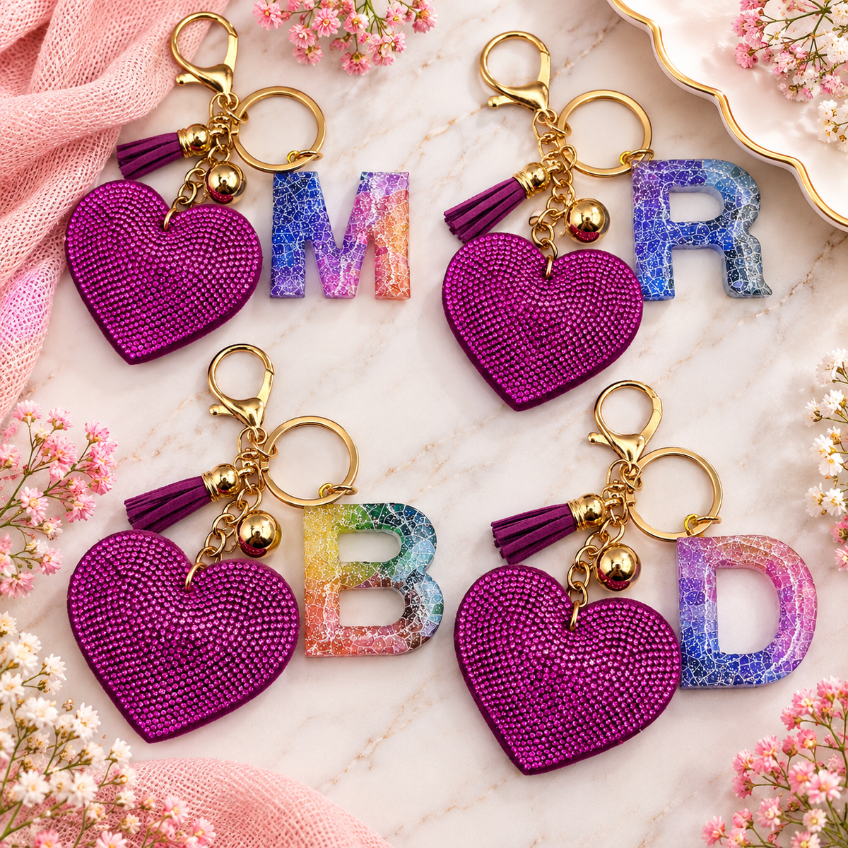 Purple Rhinestone Heart Initial Bag Charm & Keychain 💎💖