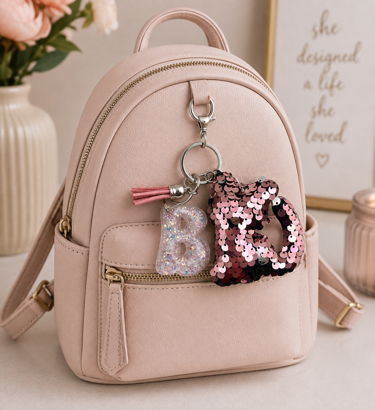 Personalized Sparkly Kitty Keychain – Choose Your Color & Initial