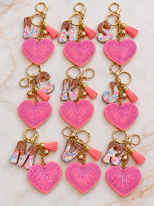 Pink Rhinestone Heart Initial Bag Charm & Keychain 💎💖