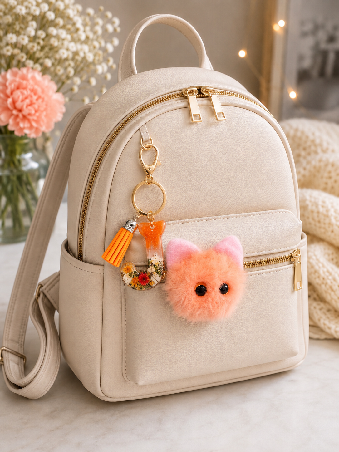 🐱 Fluffy Kitty Initial Bag Charm & Keychain