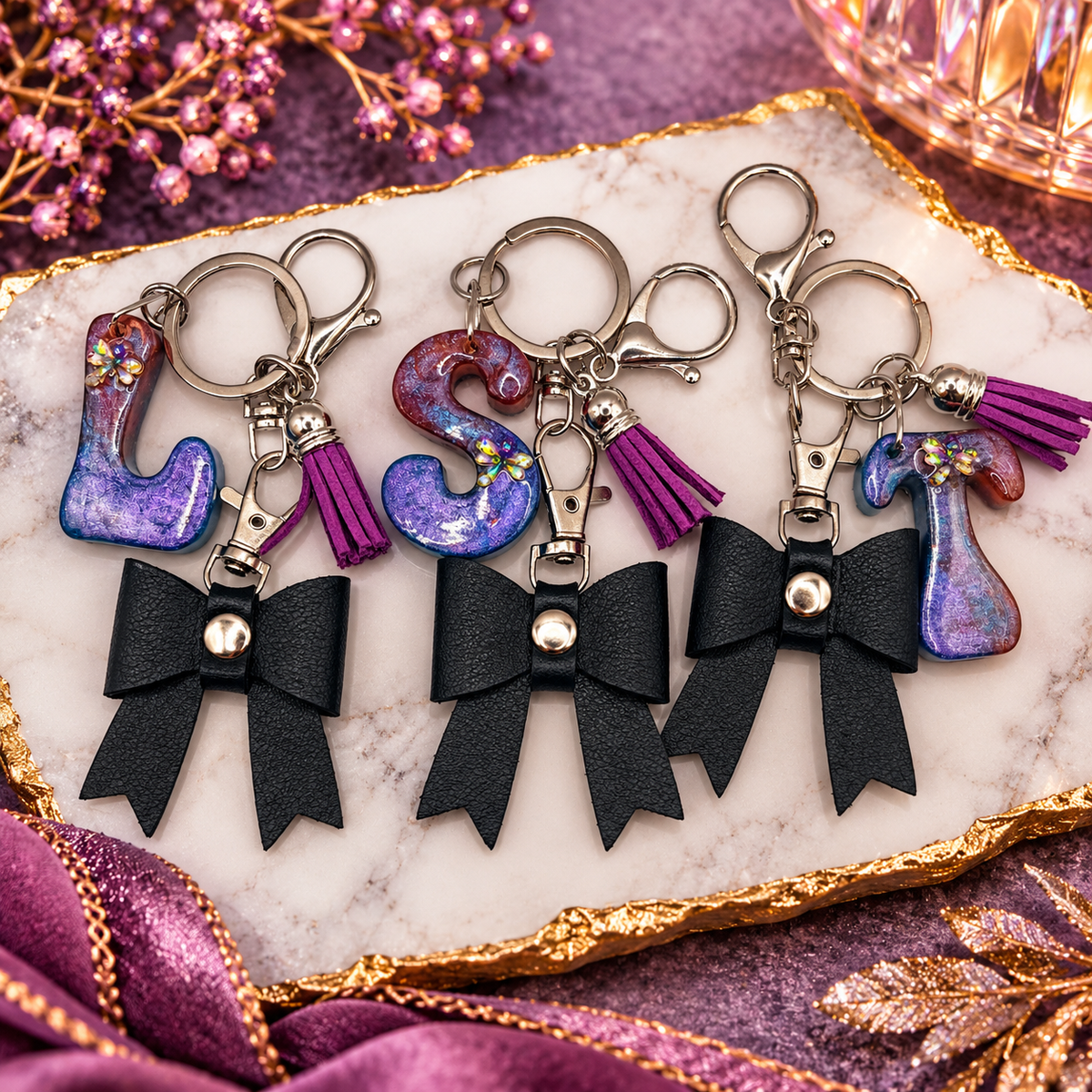 Midnight Chameleon Initial Bow Keychain & Bag Charm 🌙✨🎀