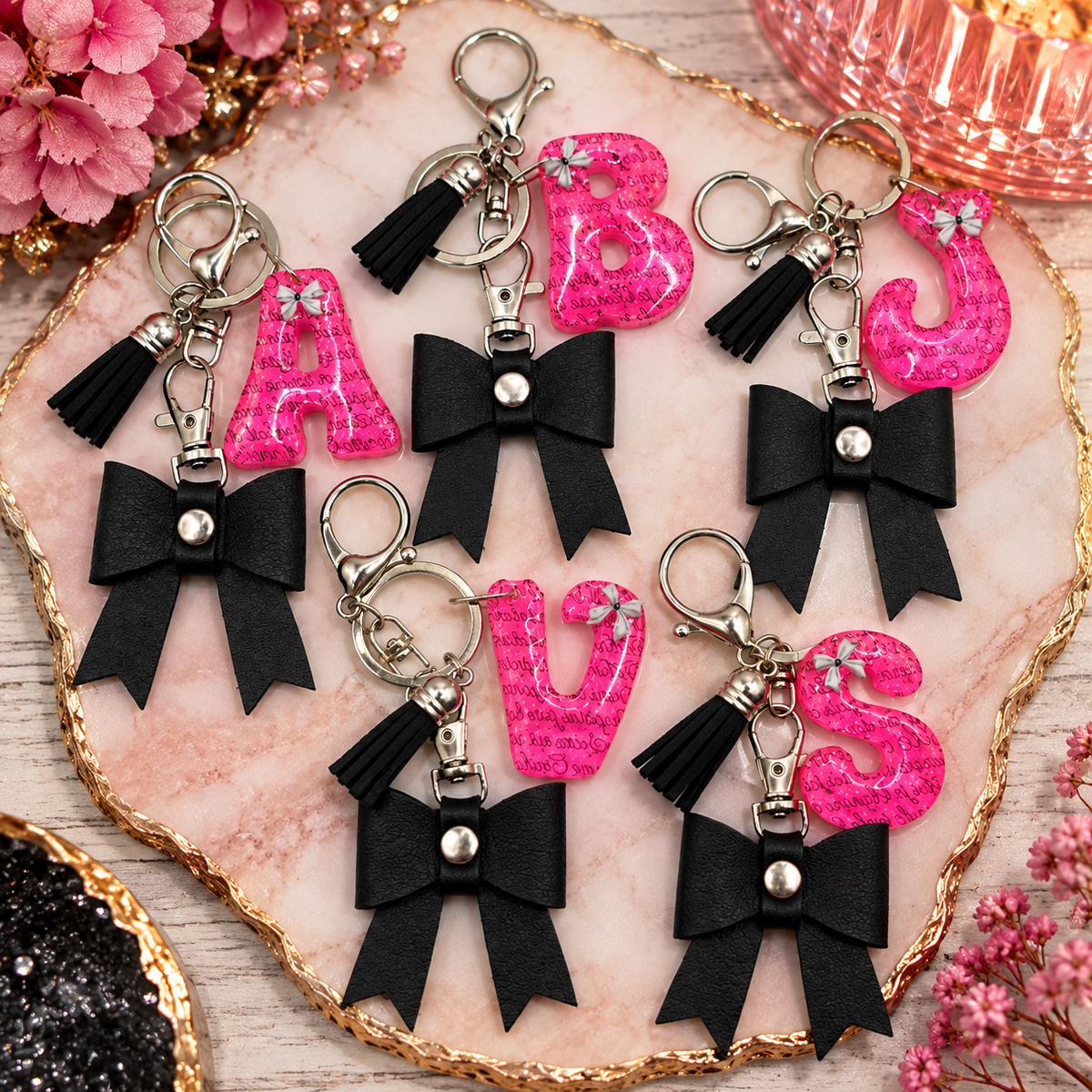 Pink & Black Coquette Initial Bow Keychain 🎀🖤