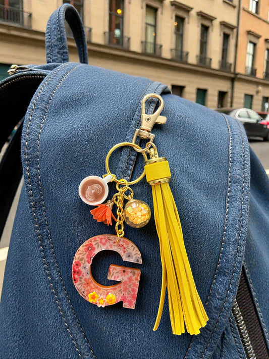 Orange/Yellow Floral Initial G Resin Bag Charm & Keychain