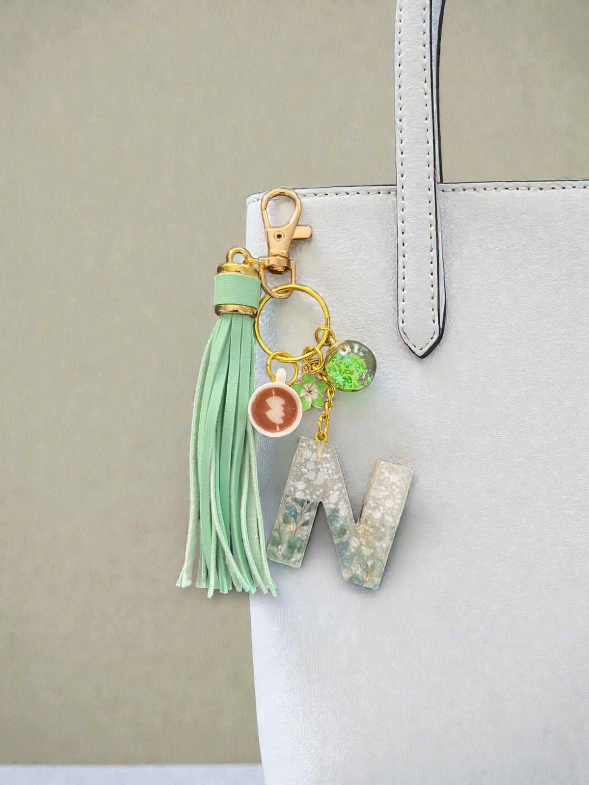 Green Floral Initial N Resin Bag Charm & Keychain