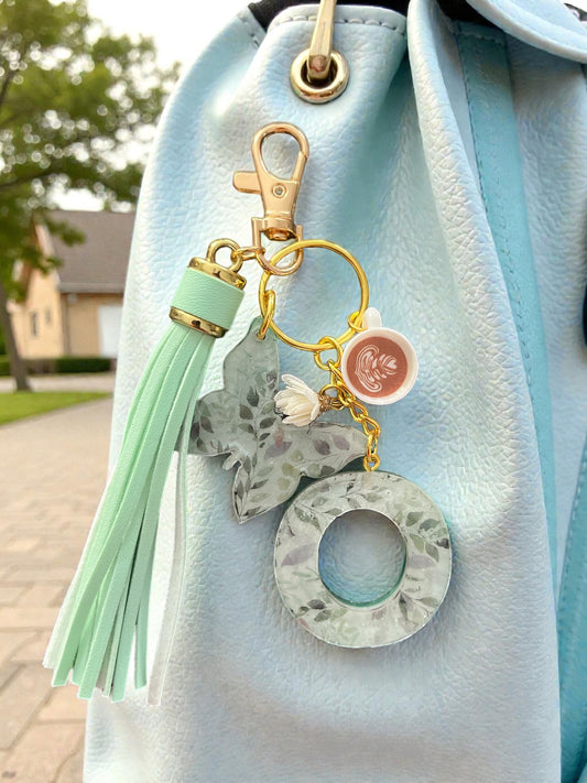 Green Floral Initial O Resin Bag Charm & Keychain