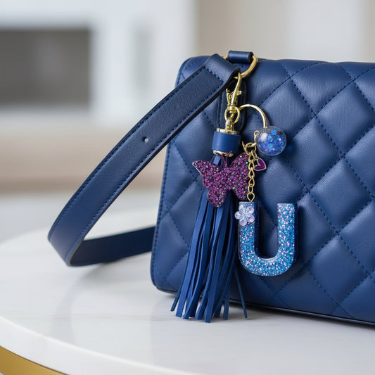 Blue Dazzle Initial U Resin Bag Charm & Keychain