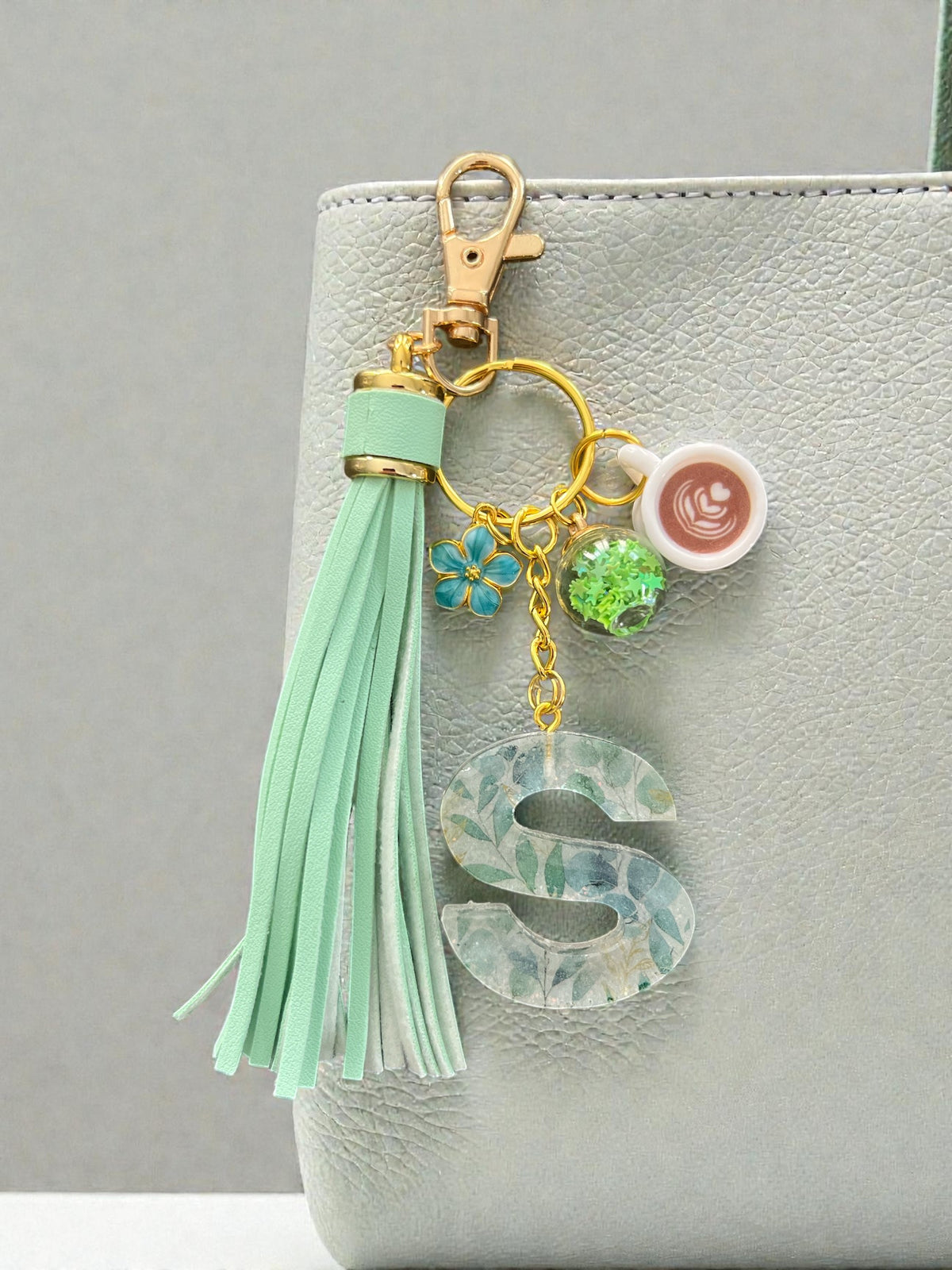 Green Floral Initial S Resin Bag Charm & Keychain