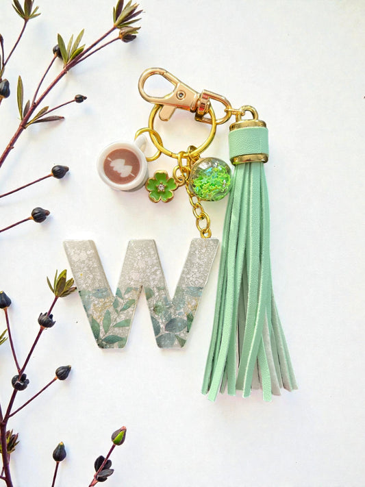 Green Floral Initial W Resin Bag Charm & Keychain