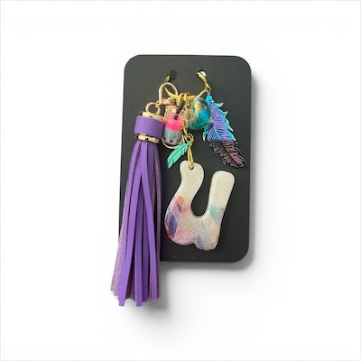 Feather Pastel Initial U Resin Bag Charm & Keychain