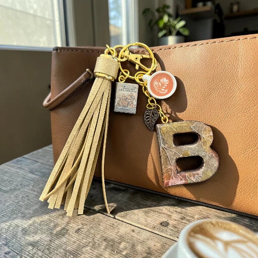 Books & Coffee Initial B Resin Bag Charm & Keychain