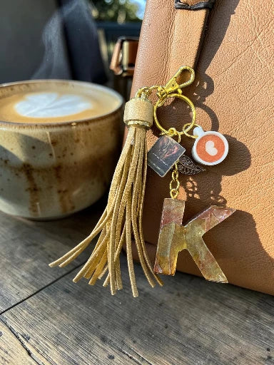 Books & Coffee Initial K Resin Bag Charm & Keychain