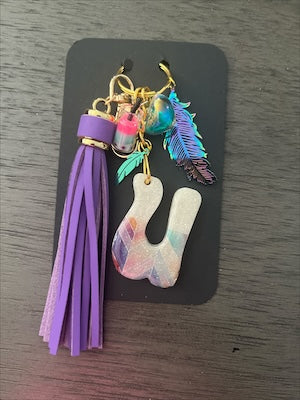 Feather Pastel Initial U Resin Bag Charm & Keychain
