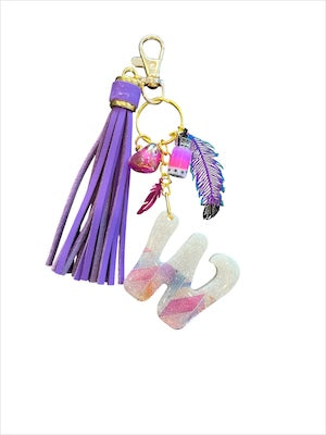 Feather Pastel Initial W Resin Bag Charm & Keychain