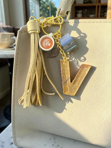 Books & Coffee Initial V Resin Bag Charm & Keychain