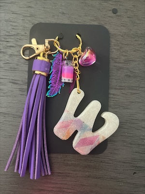 Feather Pastel Initial W Resin Bag Charm & Keychain