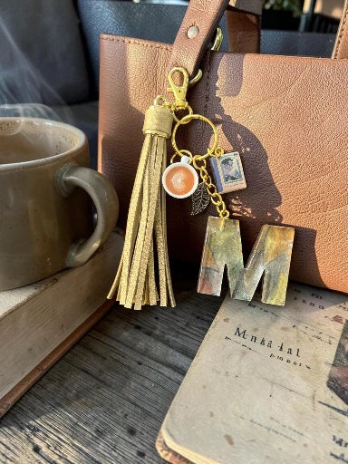 Books & Coffee Initial M Resin Bag Charm & Keychain